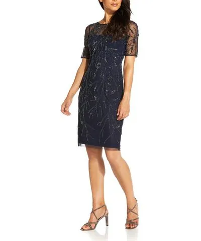 Adrianna Papell Womens Beaded Knee-Length Cocktail and Party Dress