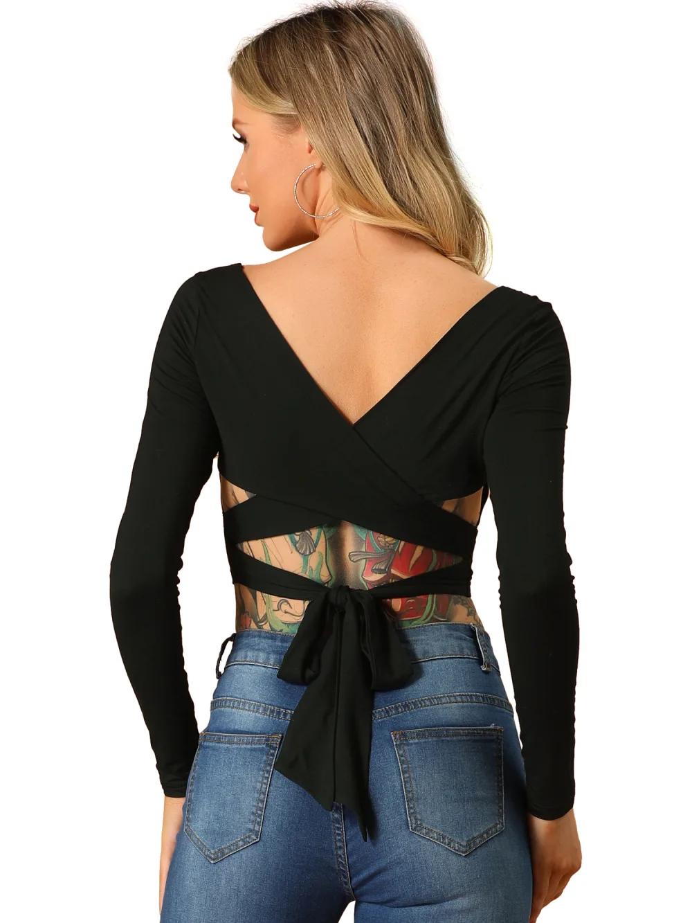 Allegra K - U Neck Criss Cross Tie Waist Slim Crop Top