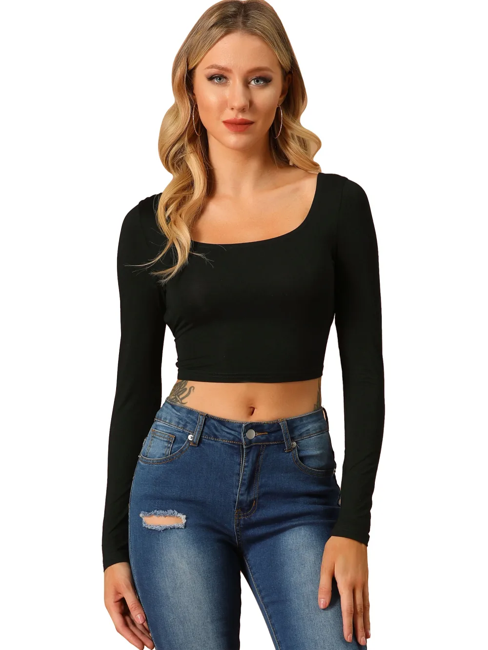 Allegra K - U Neck Criss Cross Tie Waist Slim Crop Top