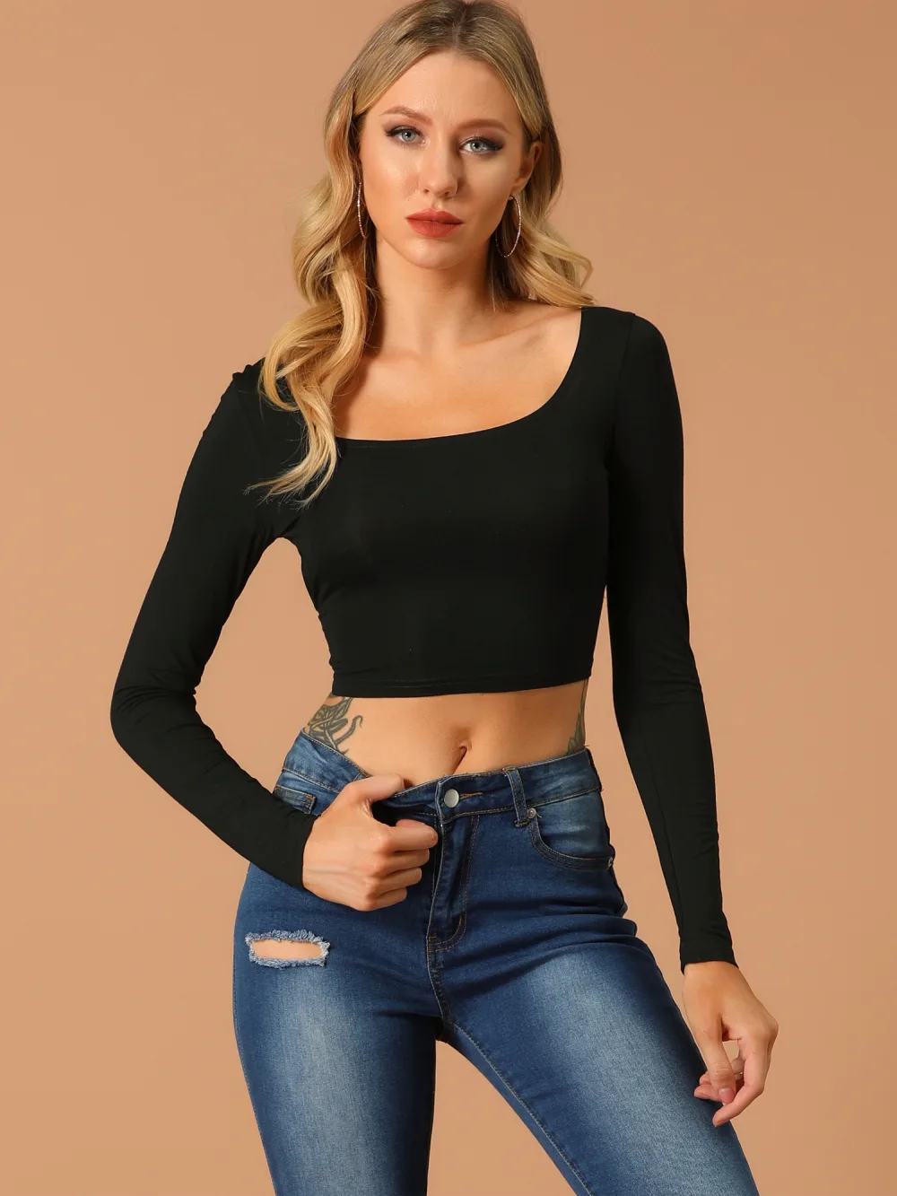 Allegra K - U Neck Criss Cross Tie Waist Slim Crop Top