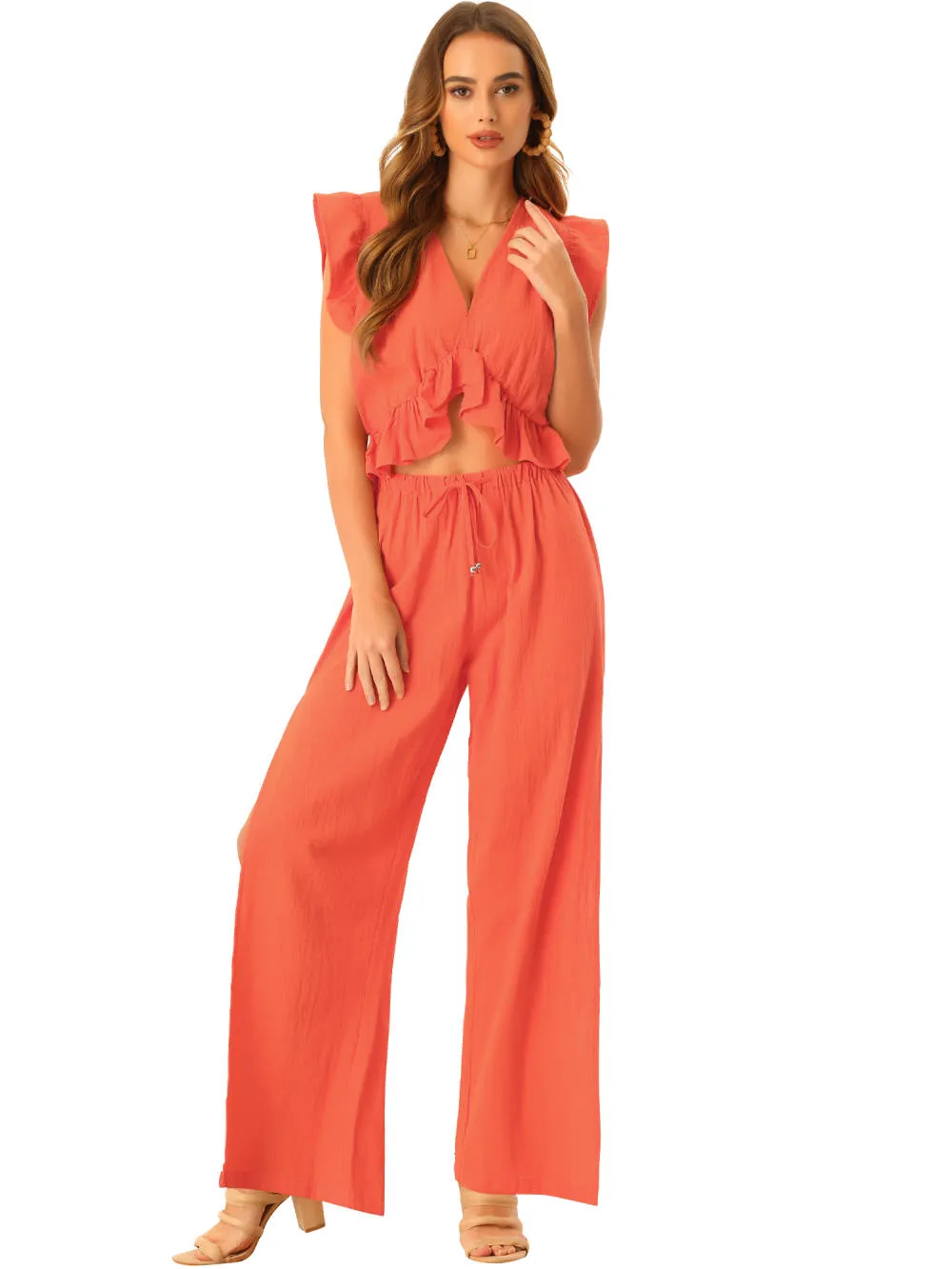 Allegra K- 2 Piece Deep V Neck Ruffle Crop Top Split Wide Leg Pant Set