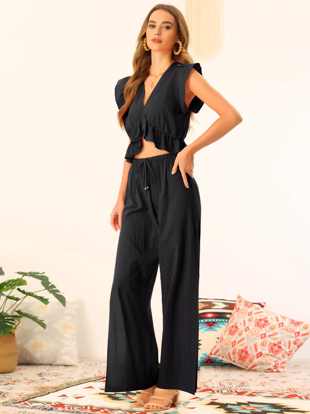 Allegra K- 2 Piece Deep V Neck Ruffle Crop Top Split Wide Leg Pant Set