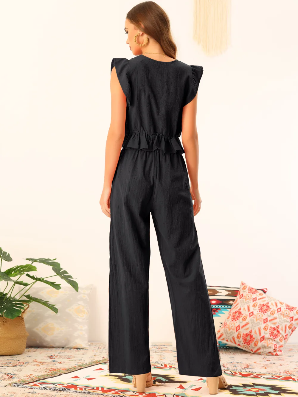 Allegra K- 2 Piece Deep V Neck Ruffle Crop Top Split Wide Leg Pant Set