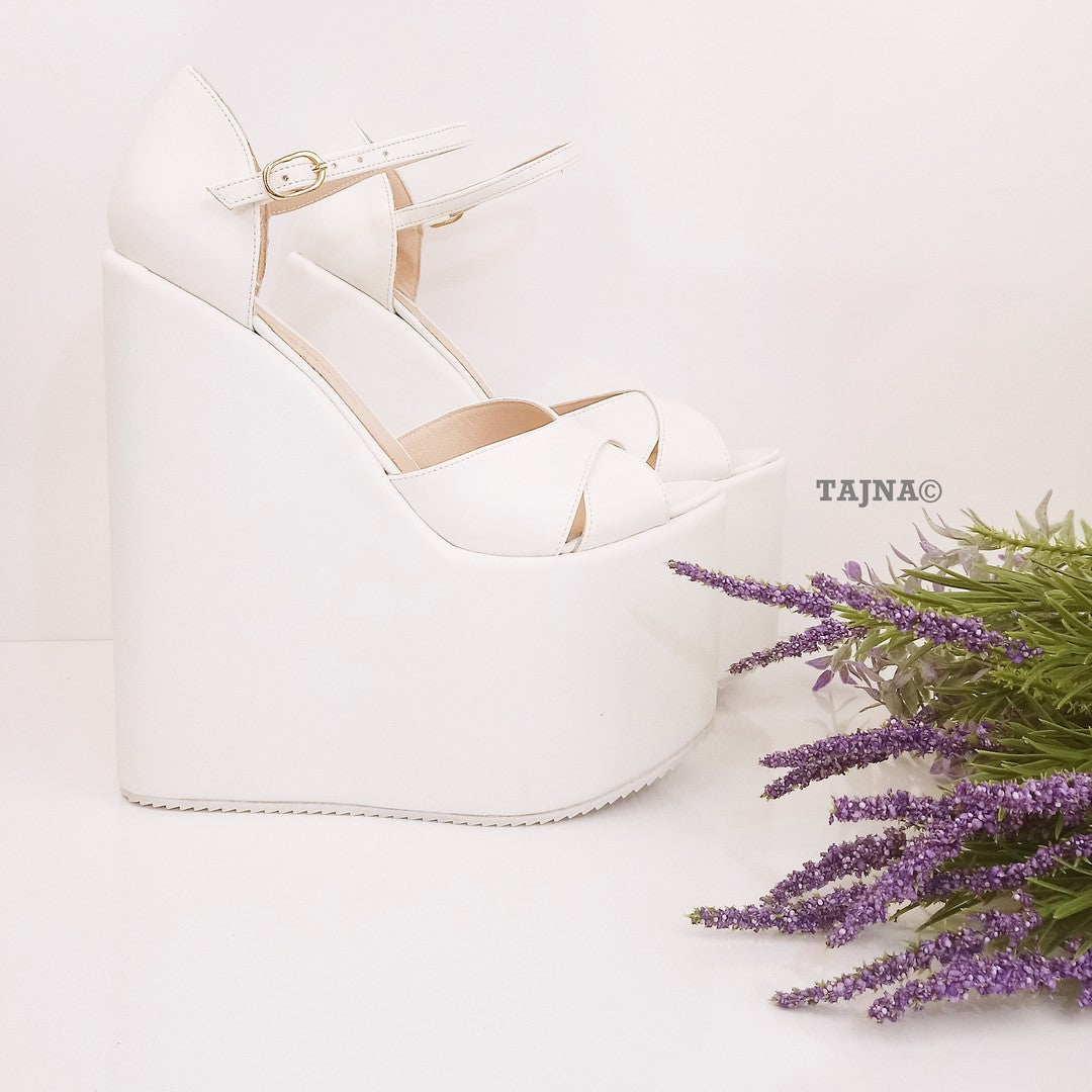 Ankle Cross Strap White Wedge Bridal Shoes