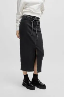 Belted maxi skirt in salt-and-pepper stretch denim