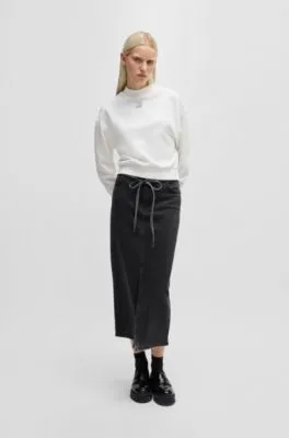 Belted maxi skirt in salt-and-pepper stretch denim