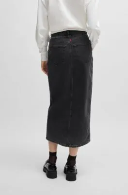 Belted maxi skirt in salt-and-pepper stretch denim