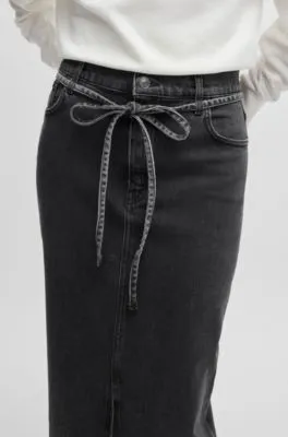 Belted maxi skirt in salt-and-pepper stretch denim