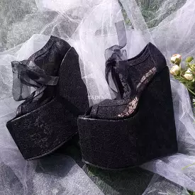 Black Lace Elegant High Heel Wedding Shoes Wedges