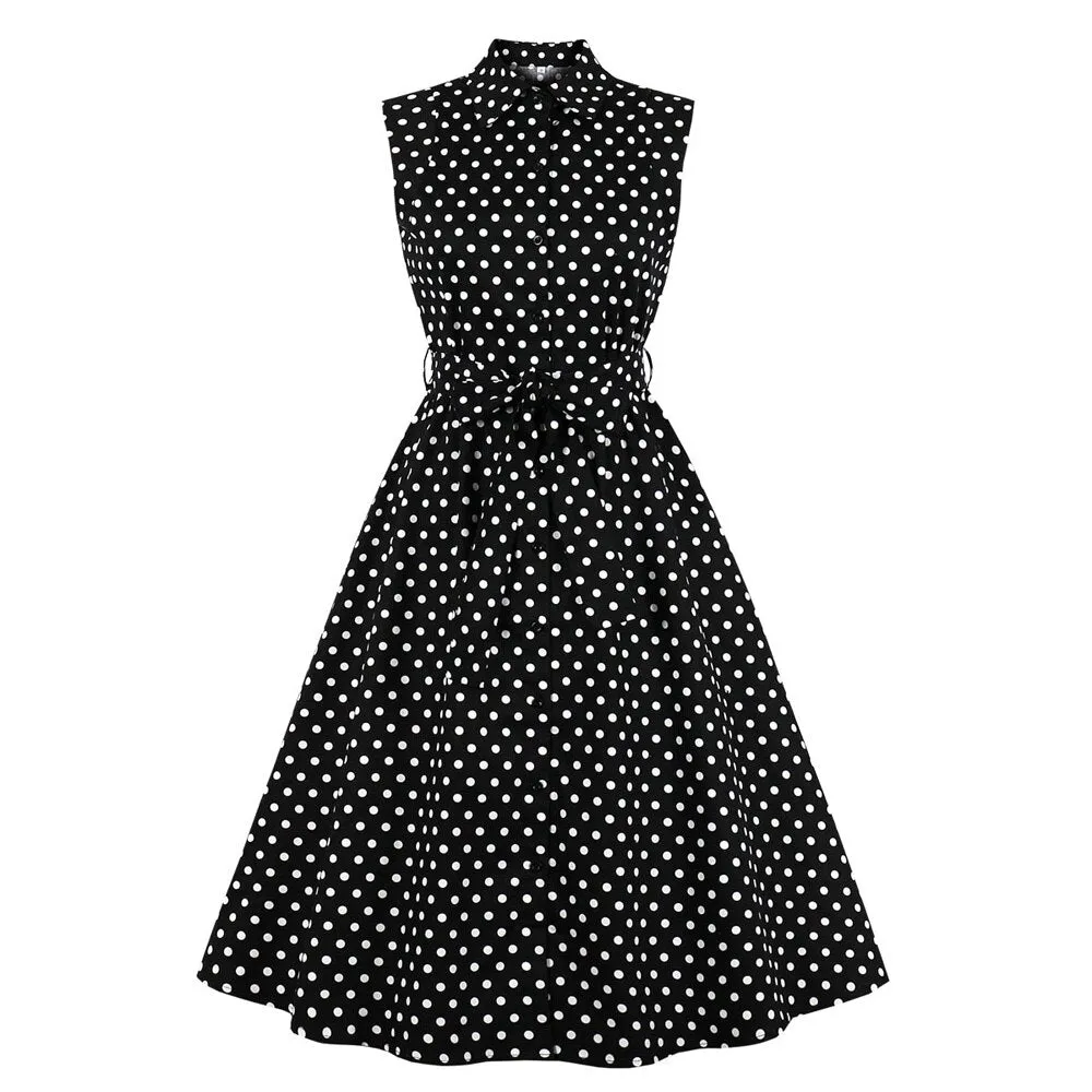 Black Polka Dot Summer Casual Sleeveless Button Up Robe Pin Up Swing Vintage Dress