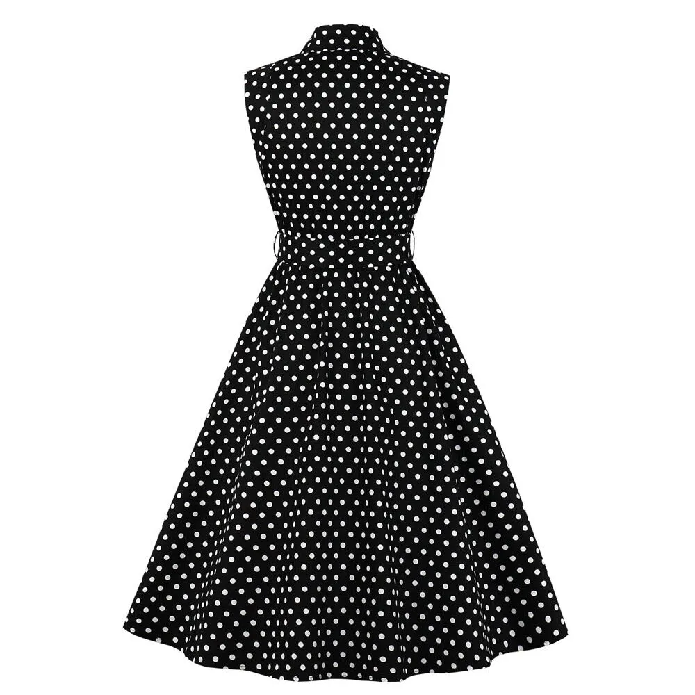 Black Polka Dot Summer Casual Sleeveless Button Up Robe Pin Up Swing Vintage Dress