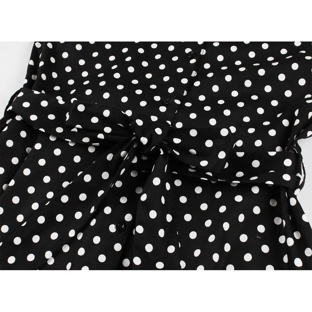 Black Polka Dot Summer Casual Sleeveless Button Up Robe Pin Up Swing Vintage Dress