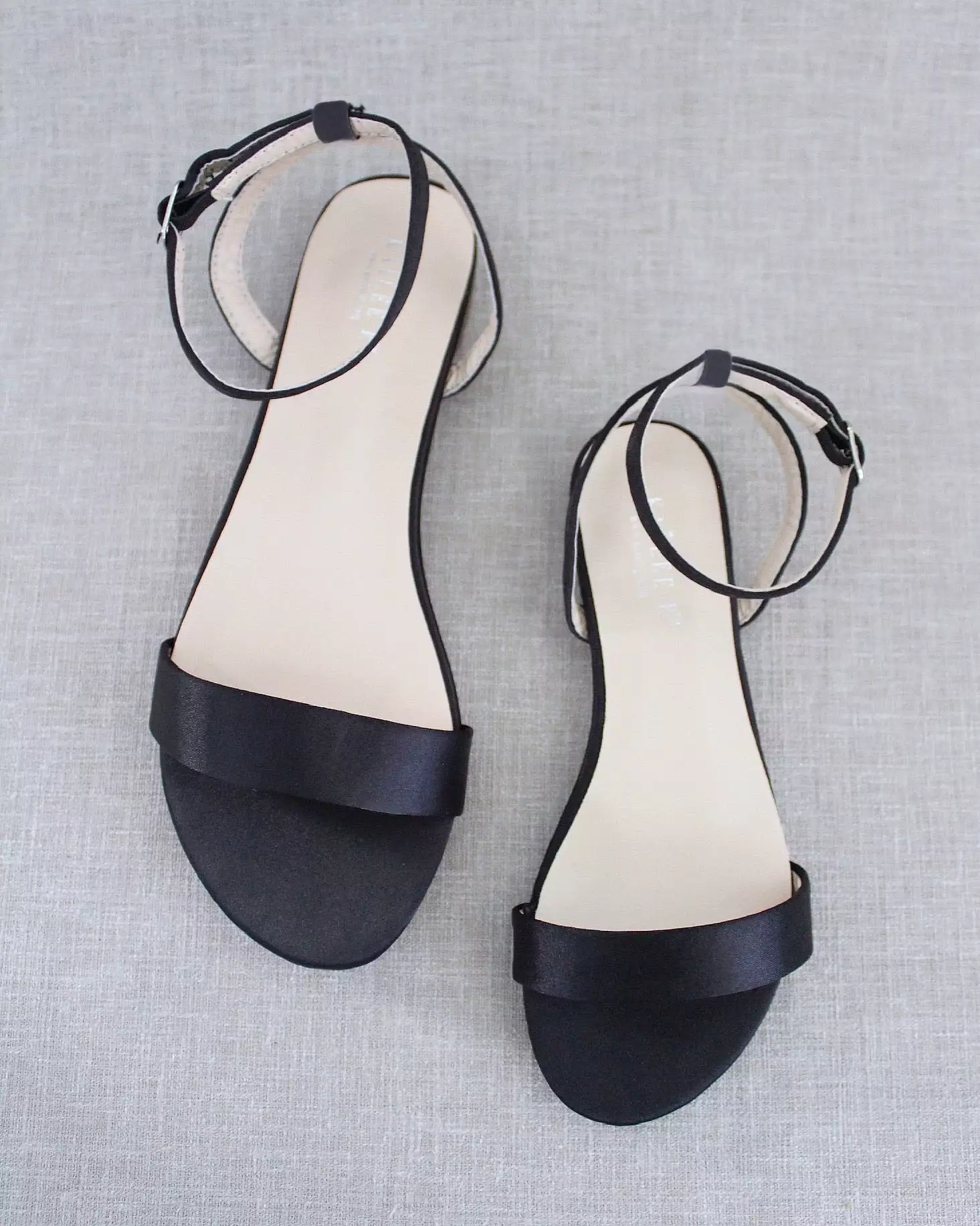 Black Satin Flat Sandal with Ankle Strap