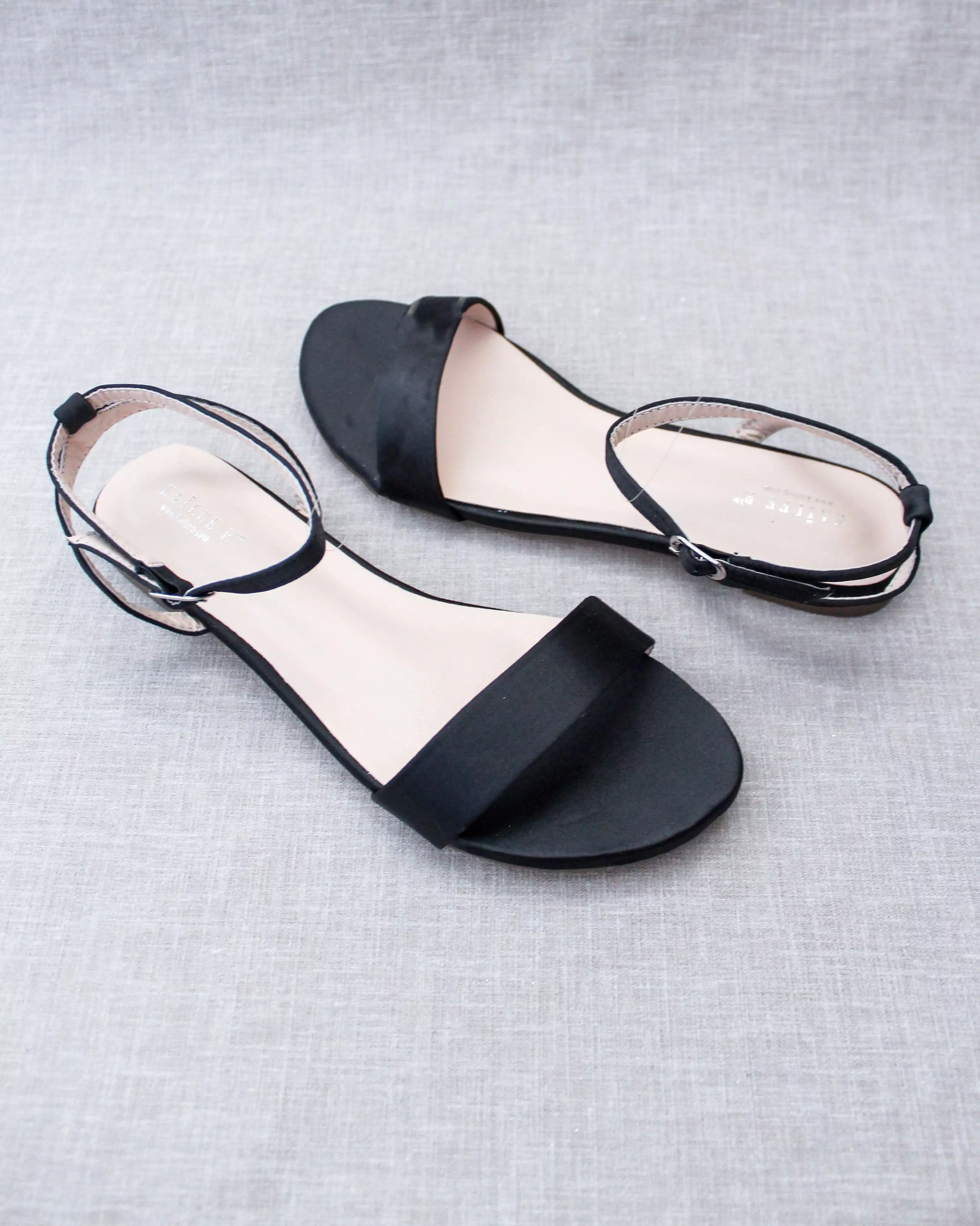 Black Satin Flat Sandal with Ankle Strap