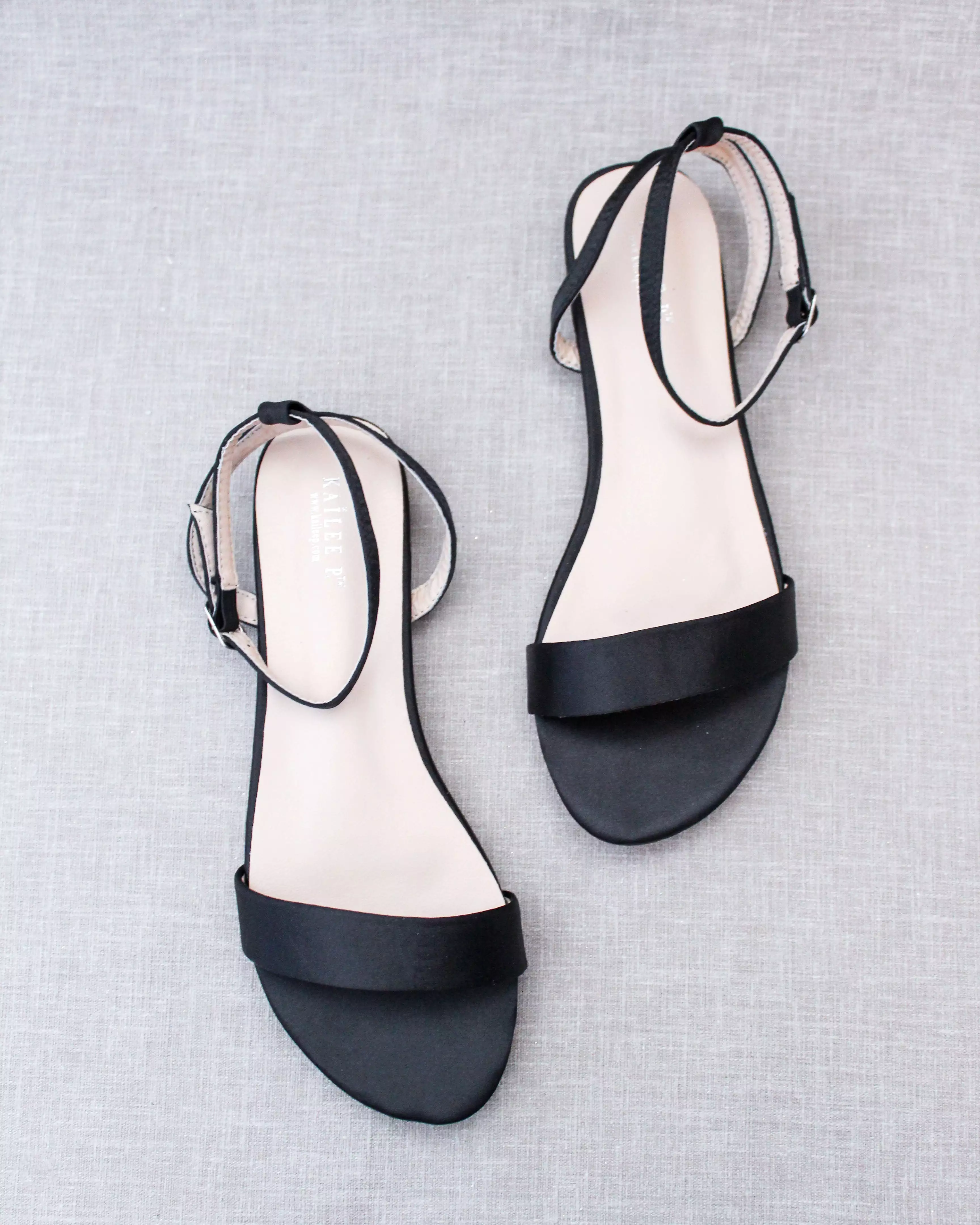 Black Satin Flat Sandal with Ankle Strap