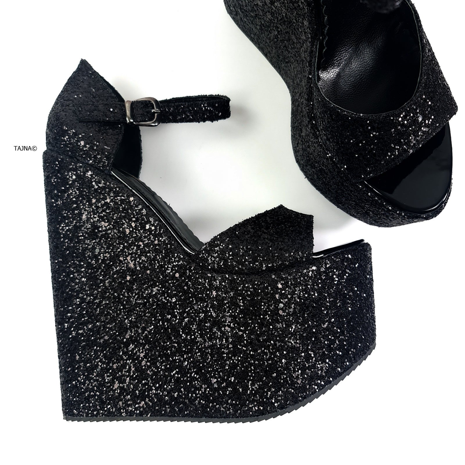 Black Sparkle  Wedge Platform Sandals