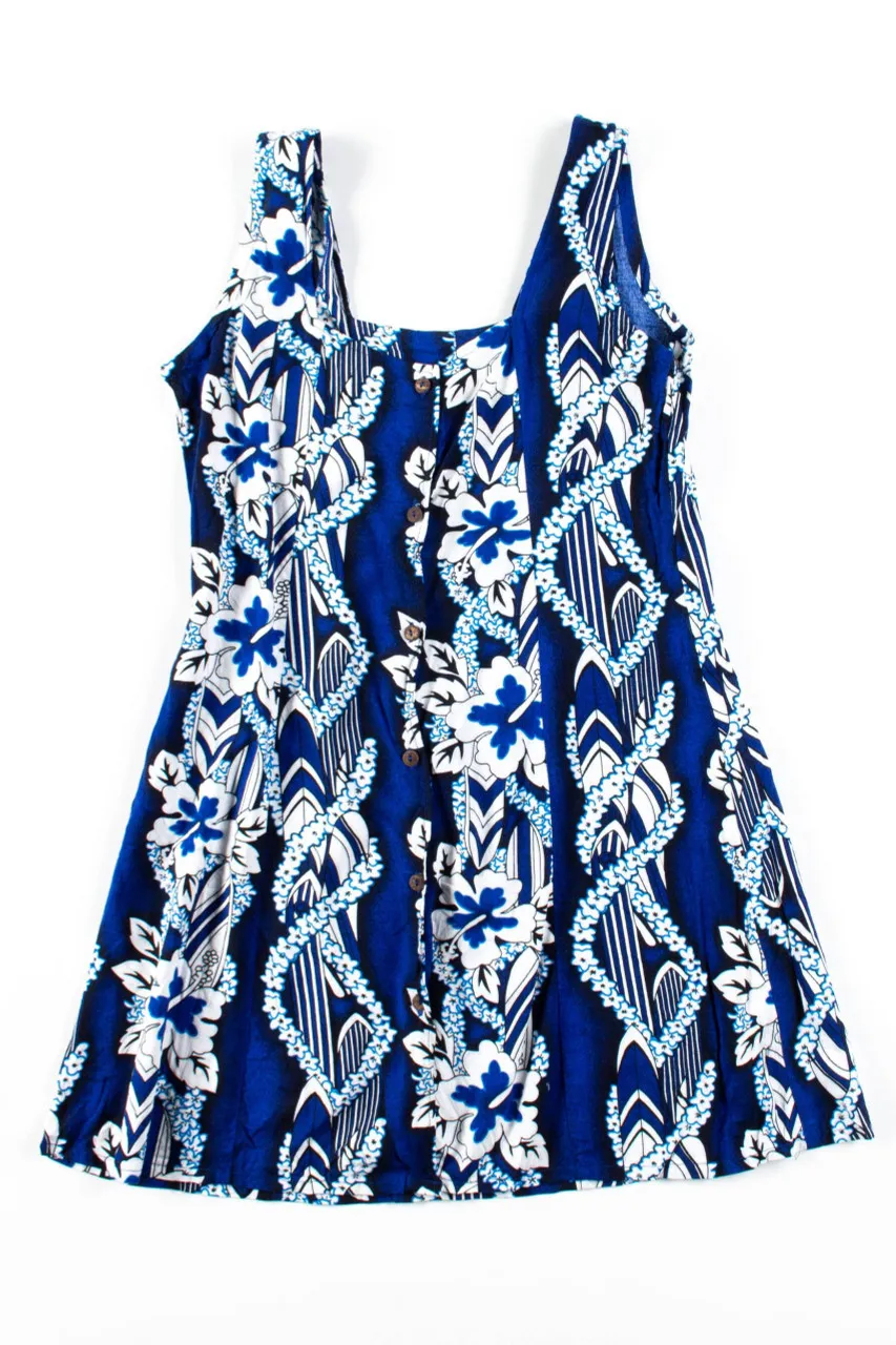 Blue Hawaiian Button Front Mini Dress