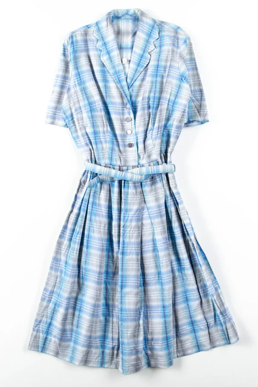 Blue Plaid Button Front Midi Dress