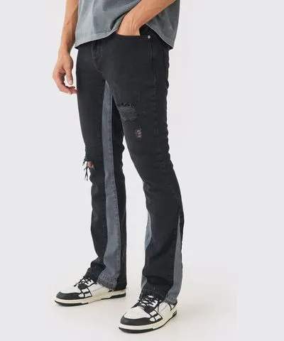 boohooMAN Mens Slim Flare Distressed Gusset Panel Jeans