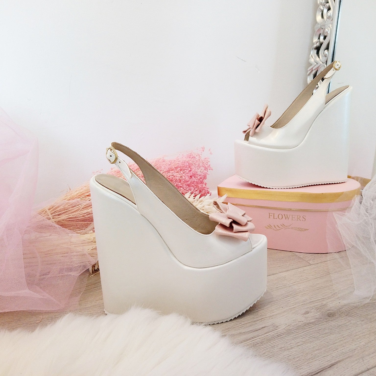 Bridal Ivory White Pink Ribbon Peep Toe Wedge Shoes