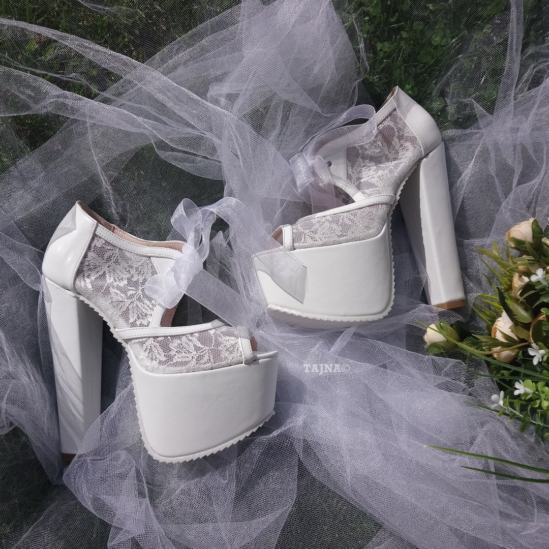 Bridal White Lace Shoes With Chunky High Heel Platforms