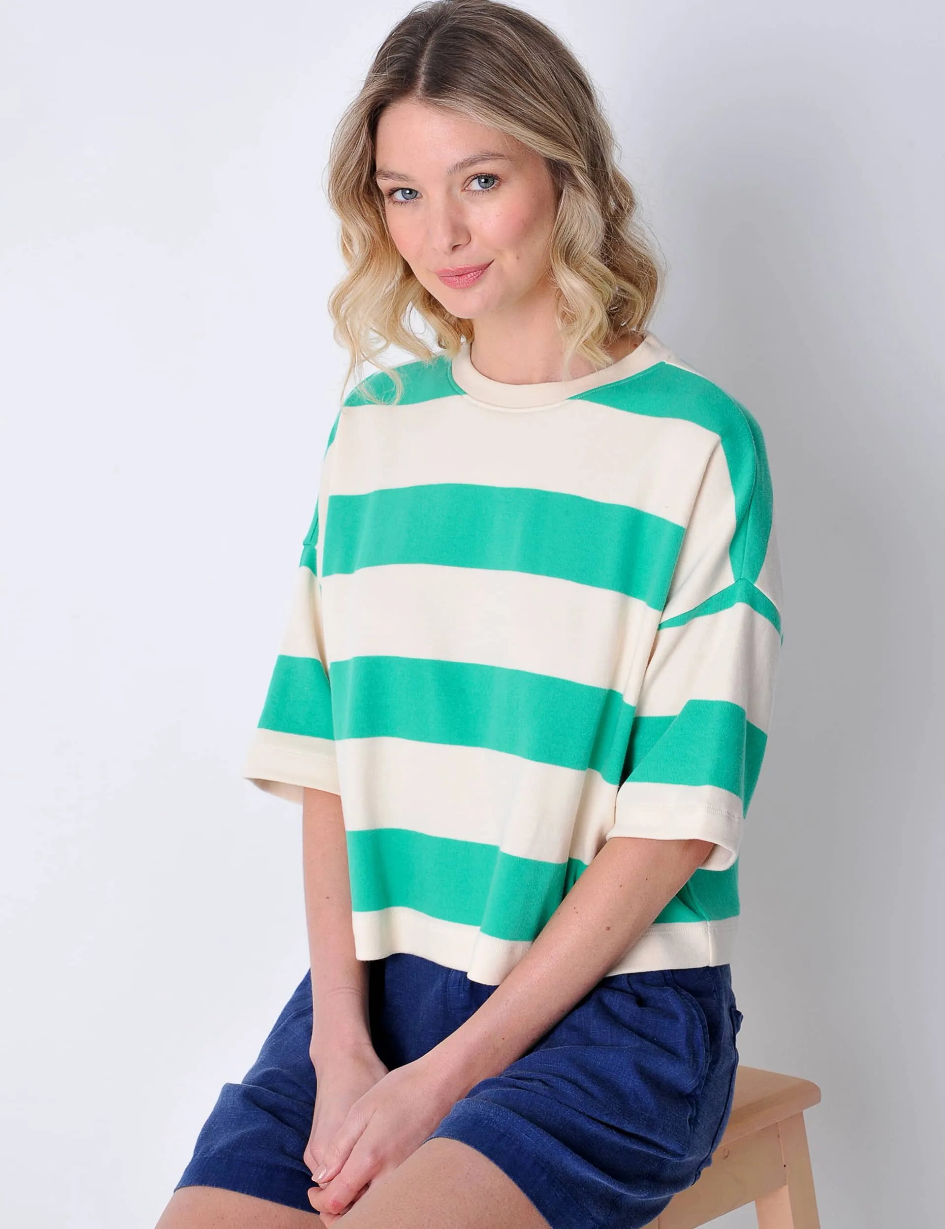 Burgs Women's Organic Cotton Striped Crew Neck Crop T-Shirt - 16 - Green Mix, Green Mix