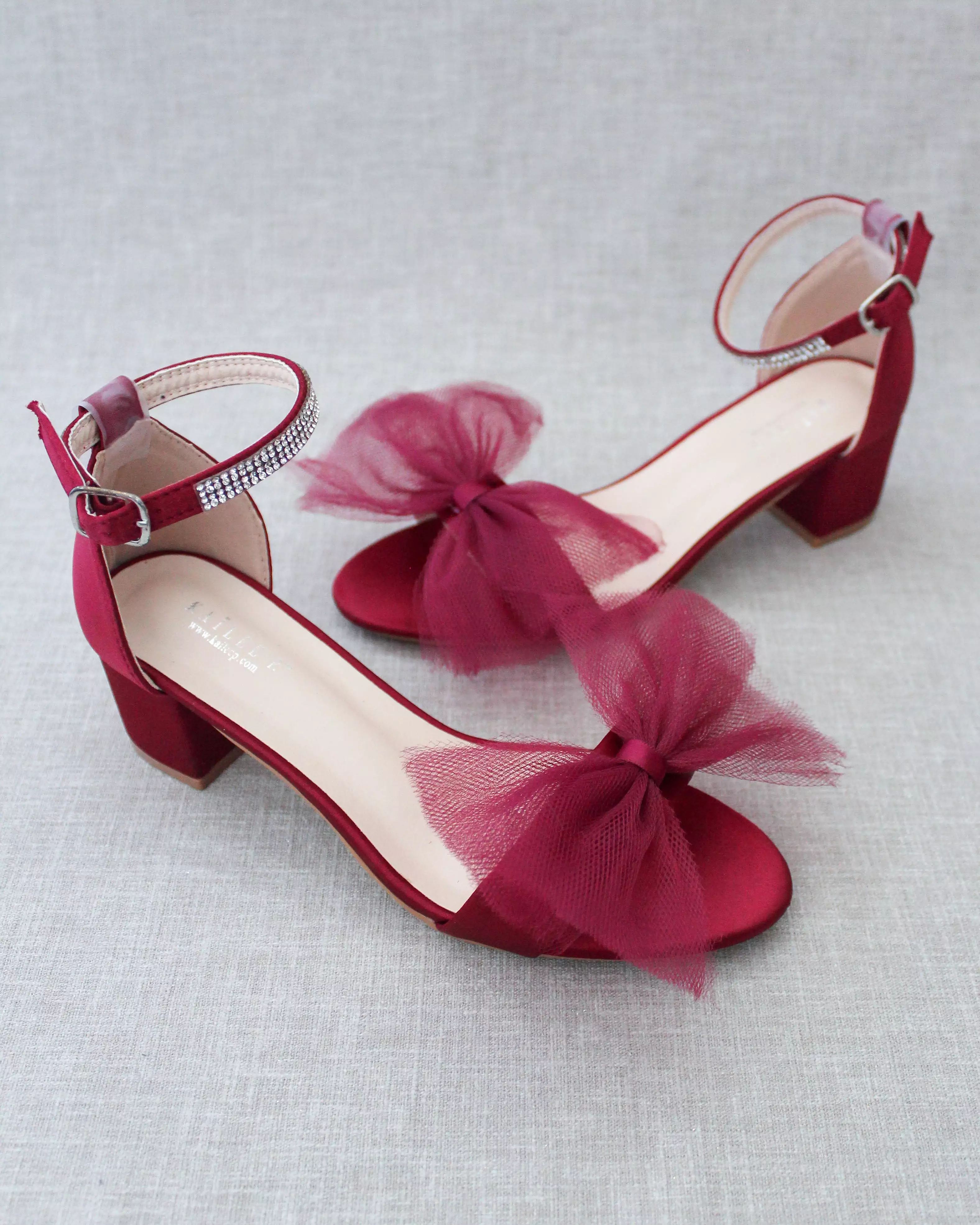 Burgundy Satin Block Heel Sandal with Oversized Front Tulle Bow