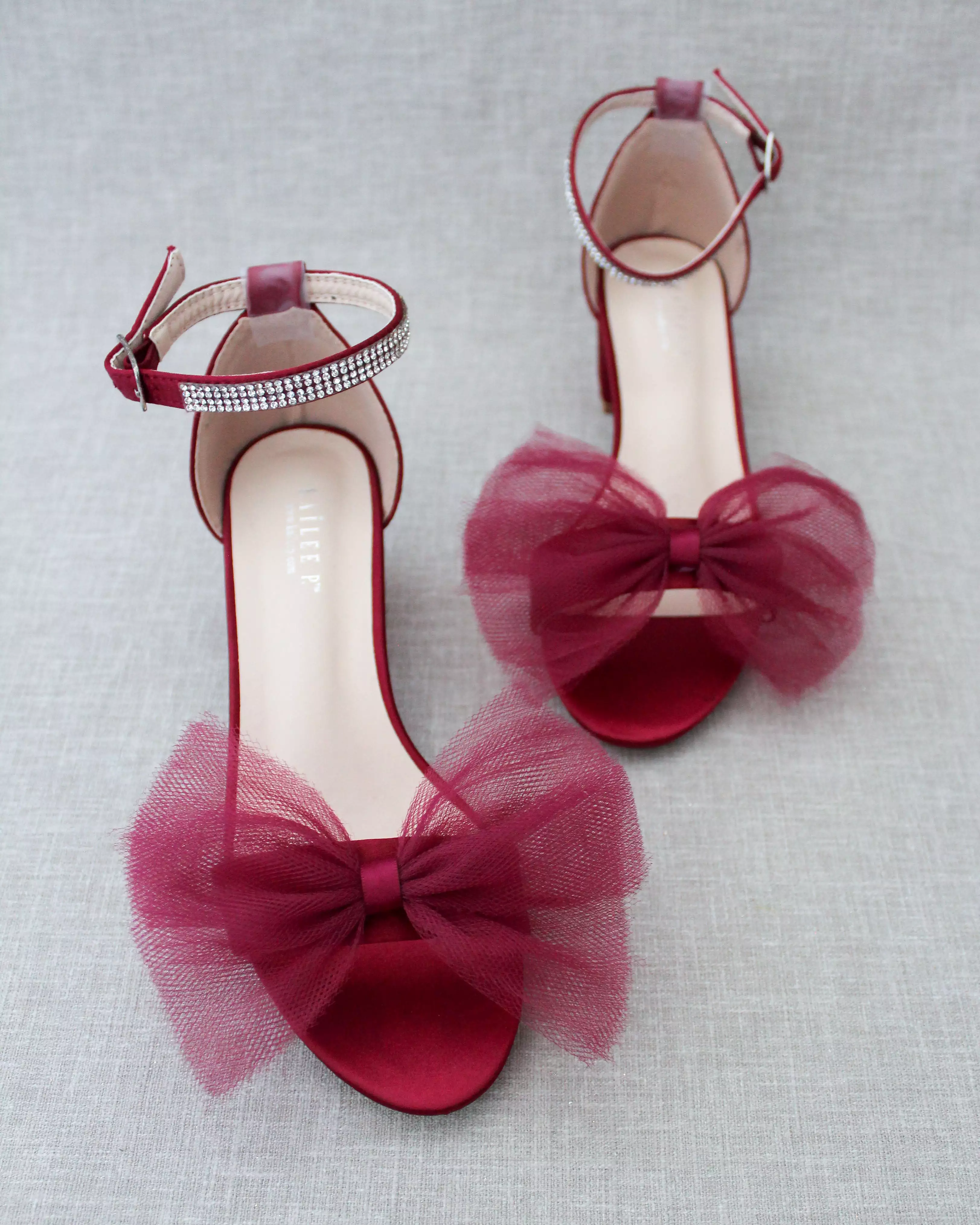 Burgundy Satin Block Heel Sandal with Oversized Front Tulle Bow