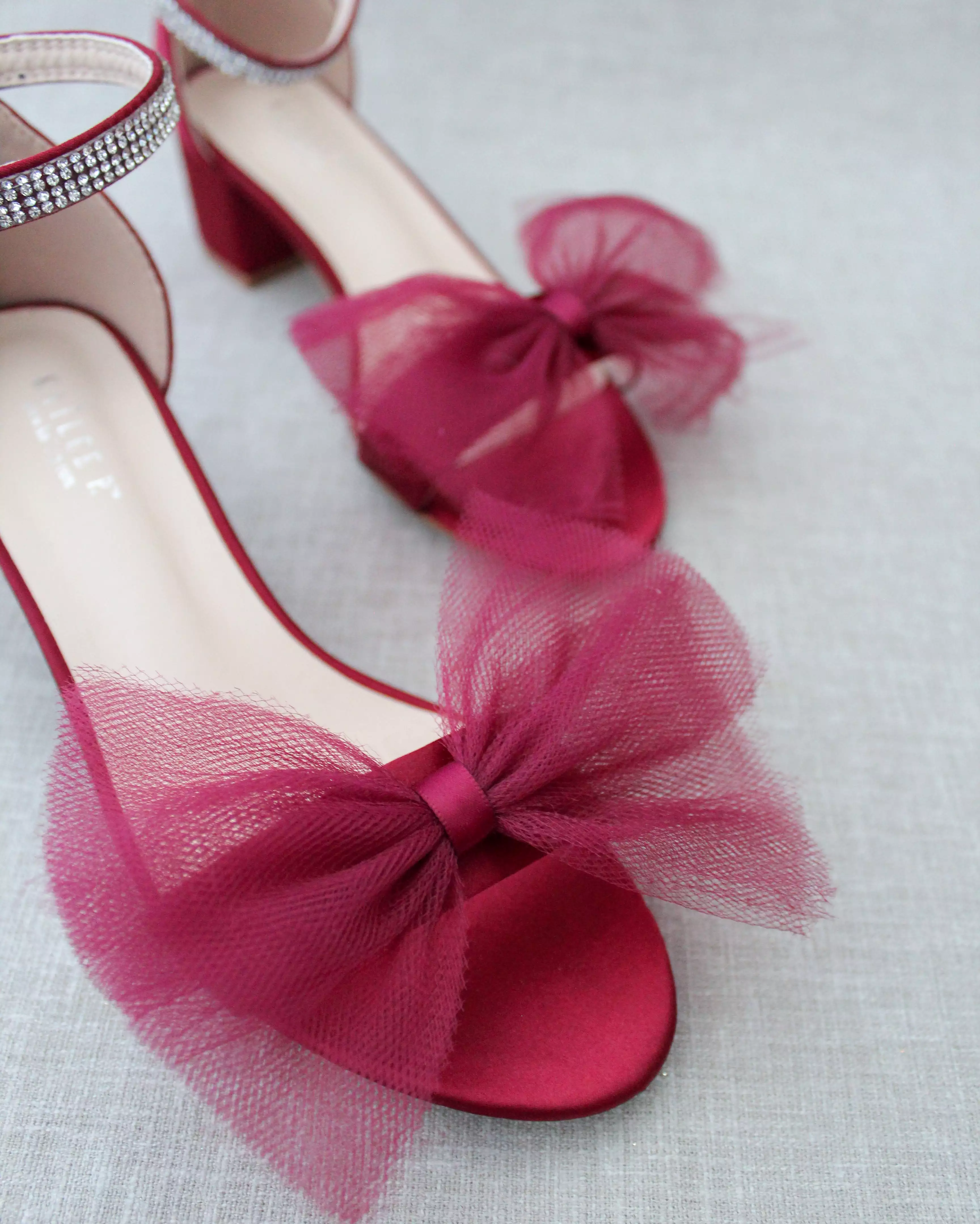 Burgundy Satin Block Heel Sandal with Oversized Front Tulle Bow