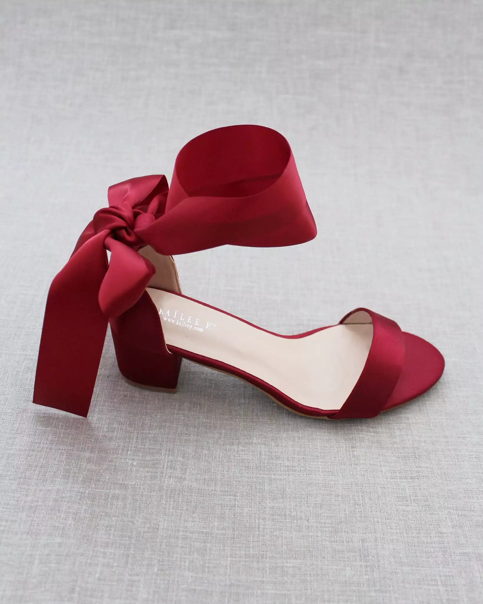 Burgundy Satin Block Heel Sandal with Wrapped Satin Tie