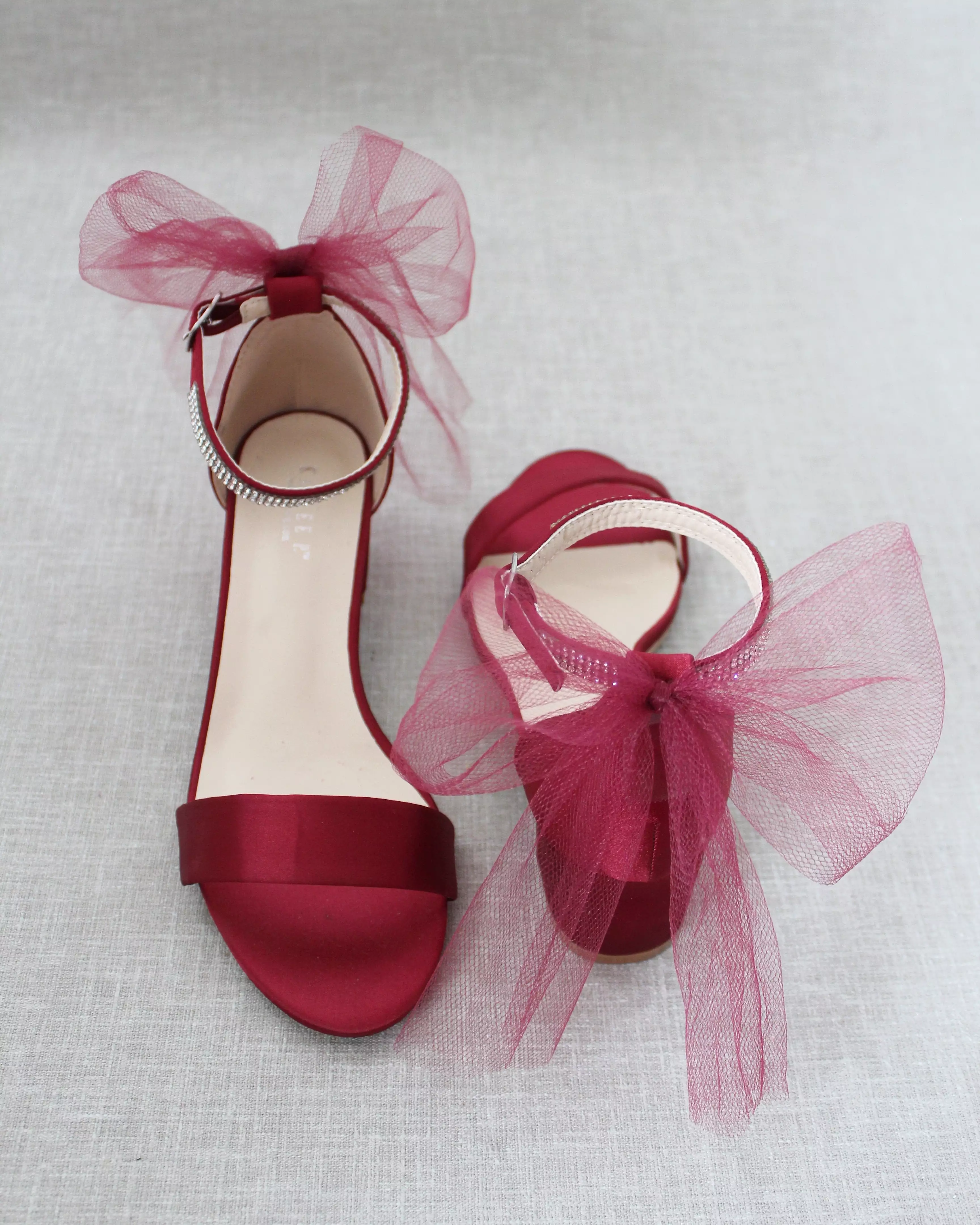 Burgundy Satin Block Heel Sandals with Tulle Back Bow