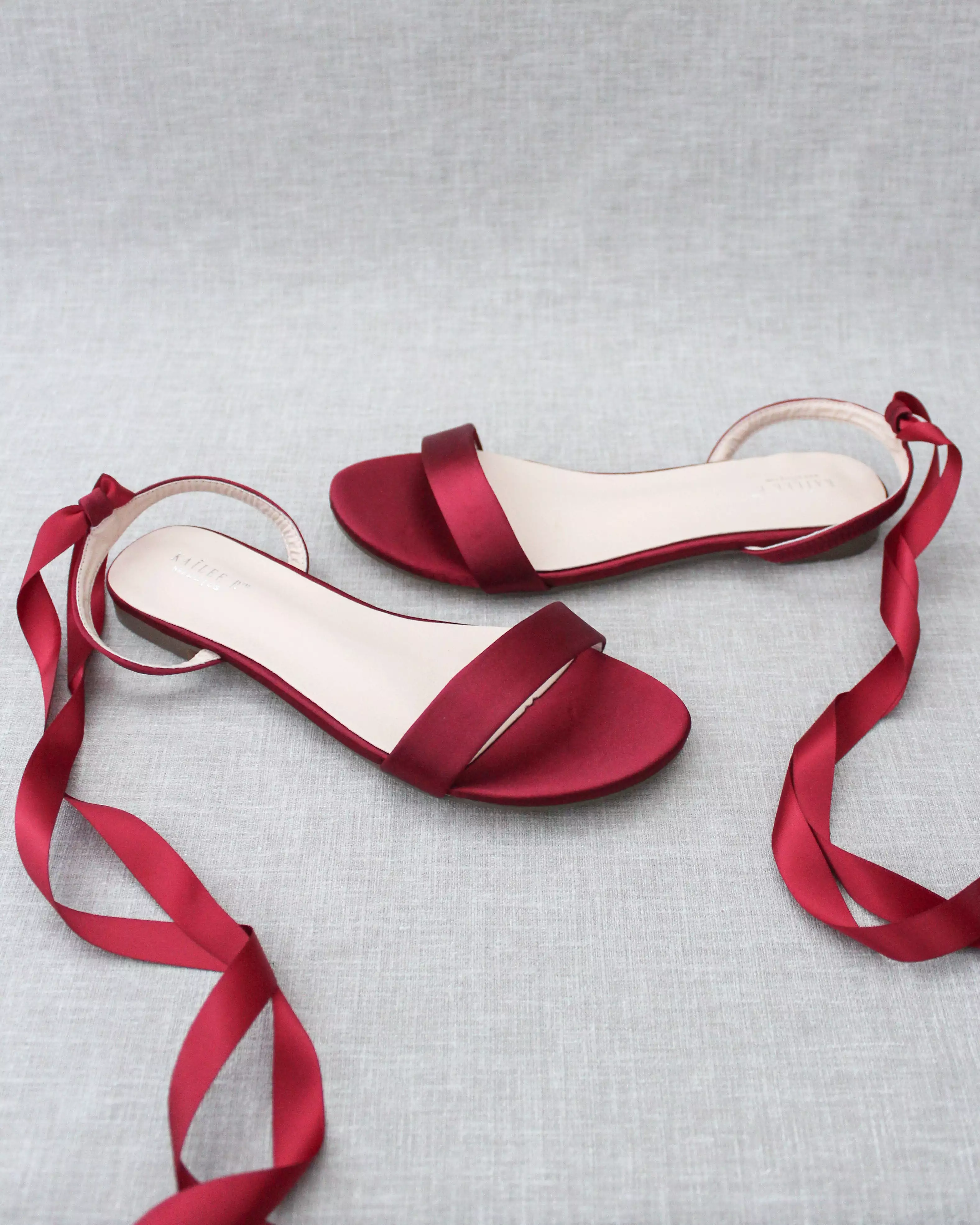 Burgundy Satin Flat Sandal with Ballerina Lace Up