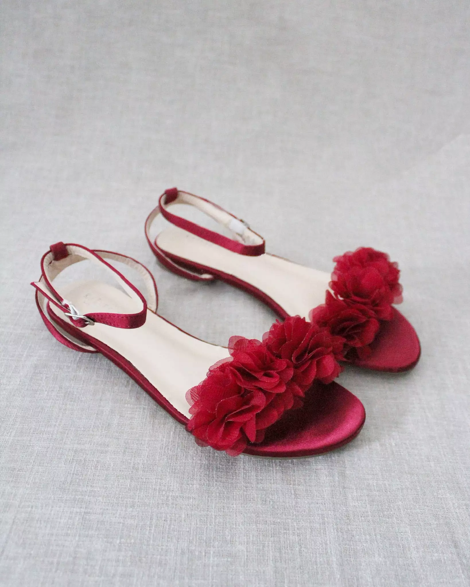 Burgundy Satin Flat Sandal with Chiffon Flowers and Ankle Strap