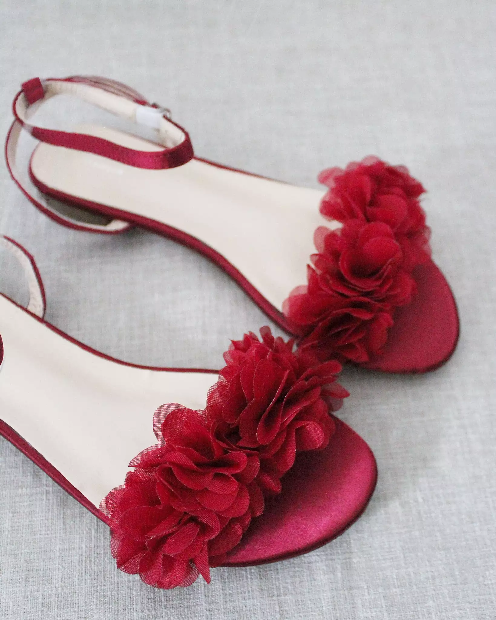 Burgundy Satin Flat Sandal with Chiffon Flowers and Ankle Strap