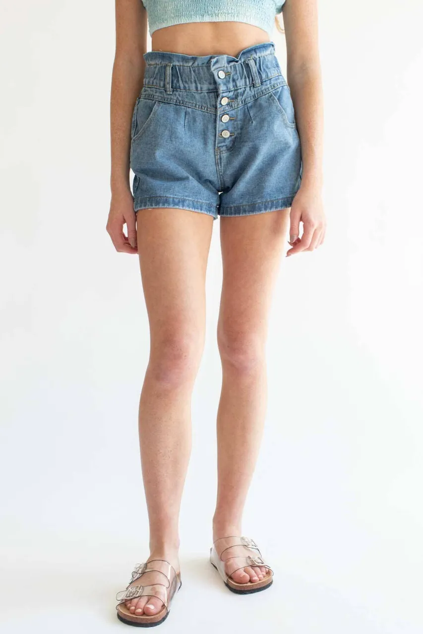 Button Front Seamed Paper Bag Denim Shorts