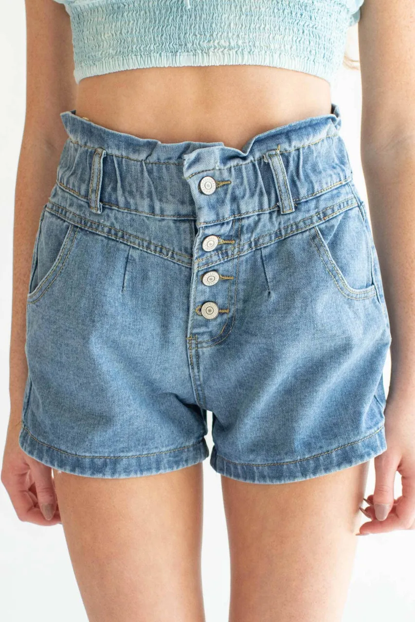 Button Front Seamed Paper Bag Denim Shorts