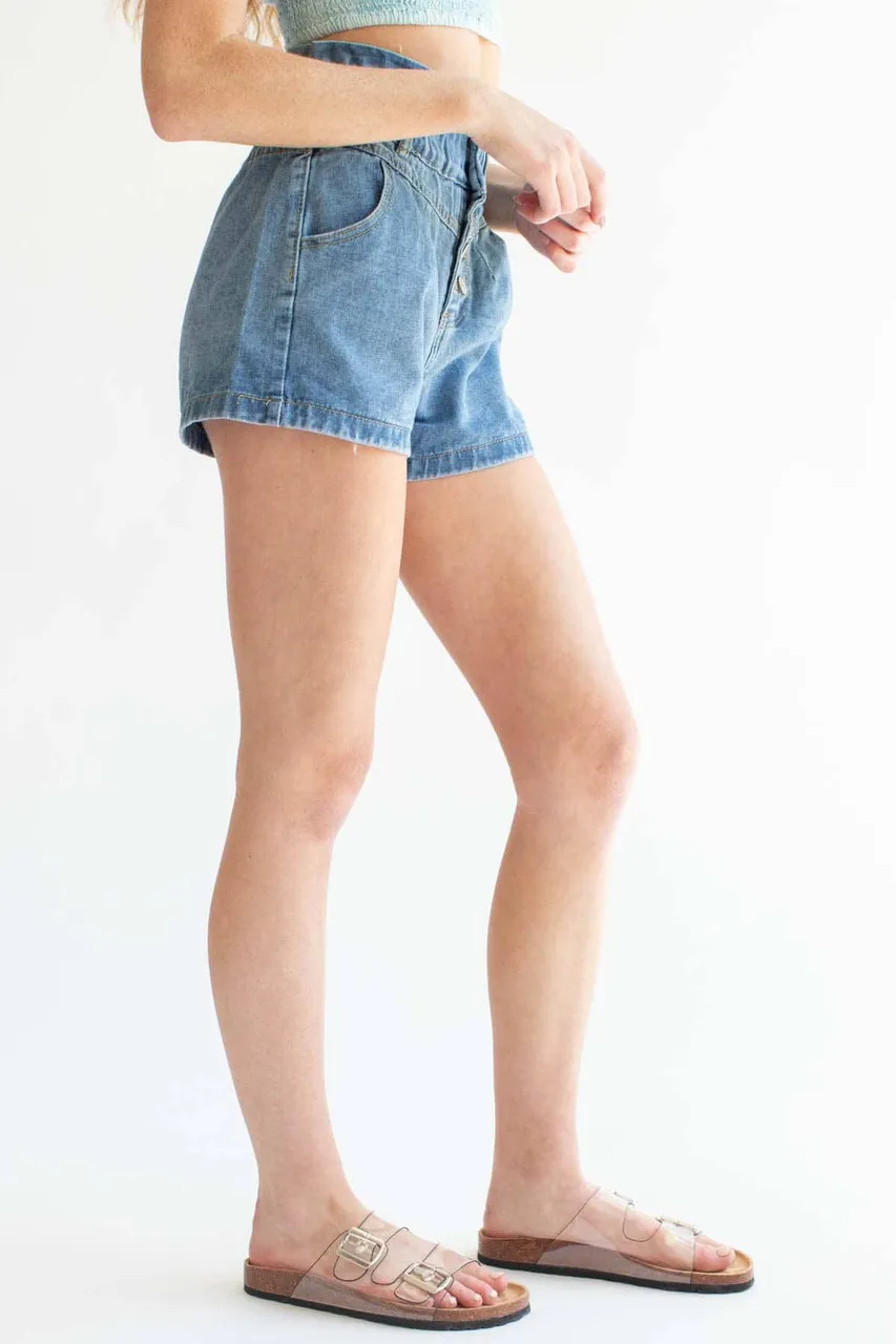 Button Front Seamed Paper Bag Denim Shorts