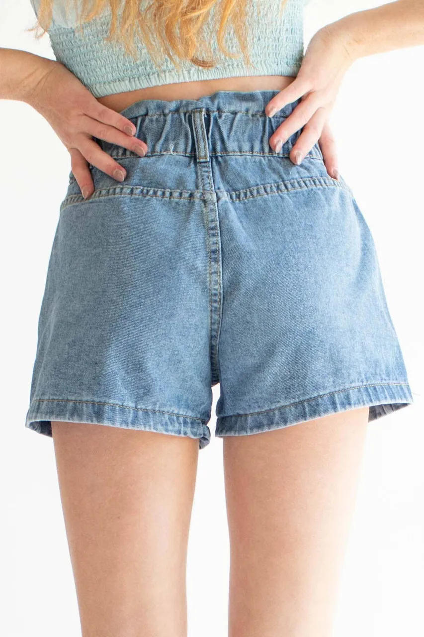 Button Front Seamed Paper Bag Denim Shorts