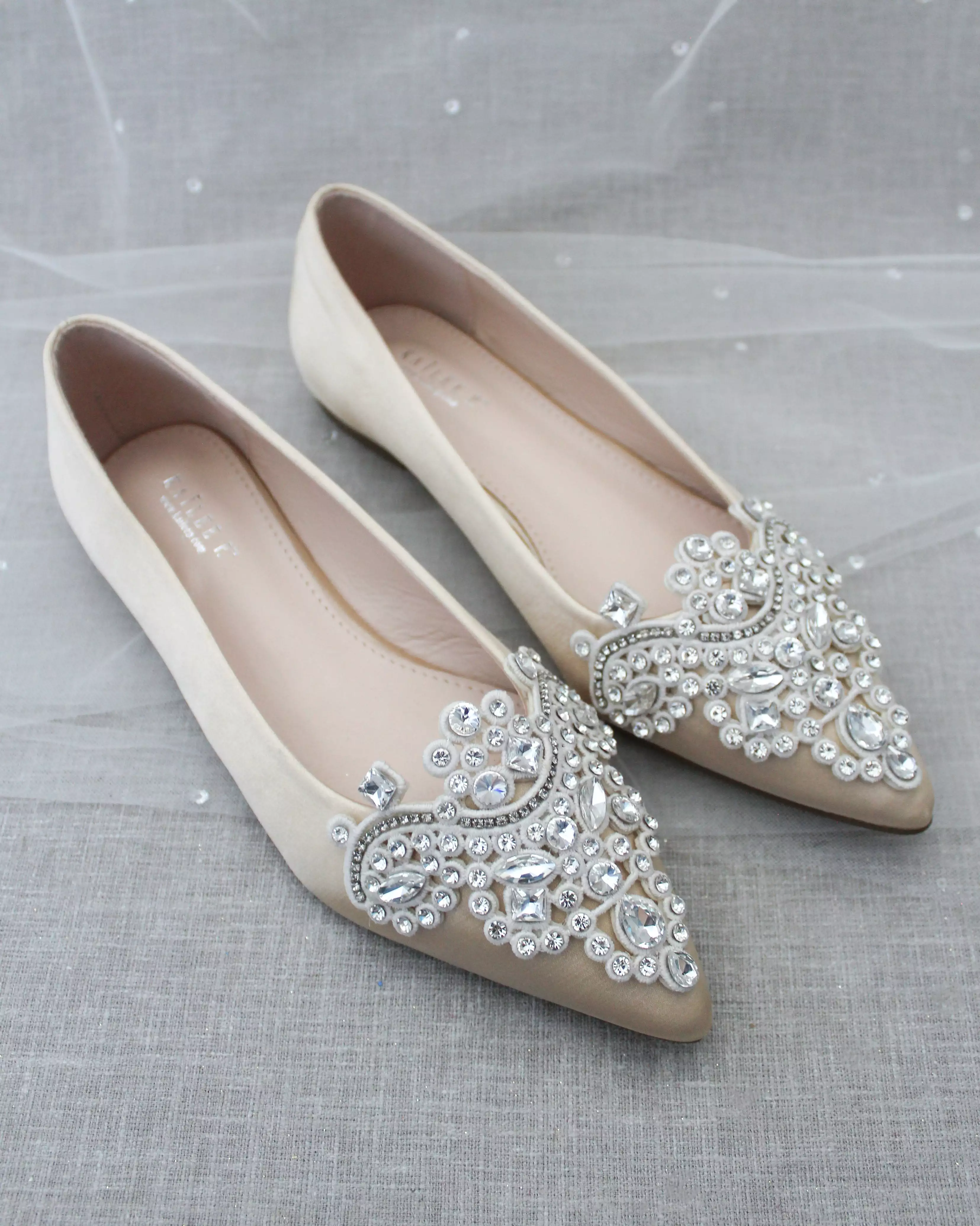 Champagne Embellished Rhinestone Evening Flats