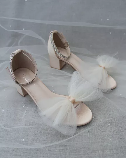 Champagne Satin Block Heel Sandal with Oversized Front Ivory Tulle Bow