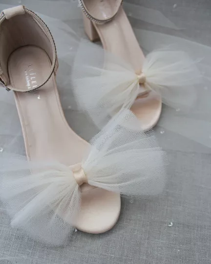 Champagne Satin Block Heel Sandal with Oversized Front Ivory Tulle Bow