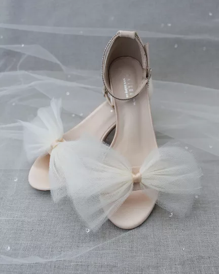 Champagne Satin Block Heel Sandal with Oversized Front Ivory Tulle Bow