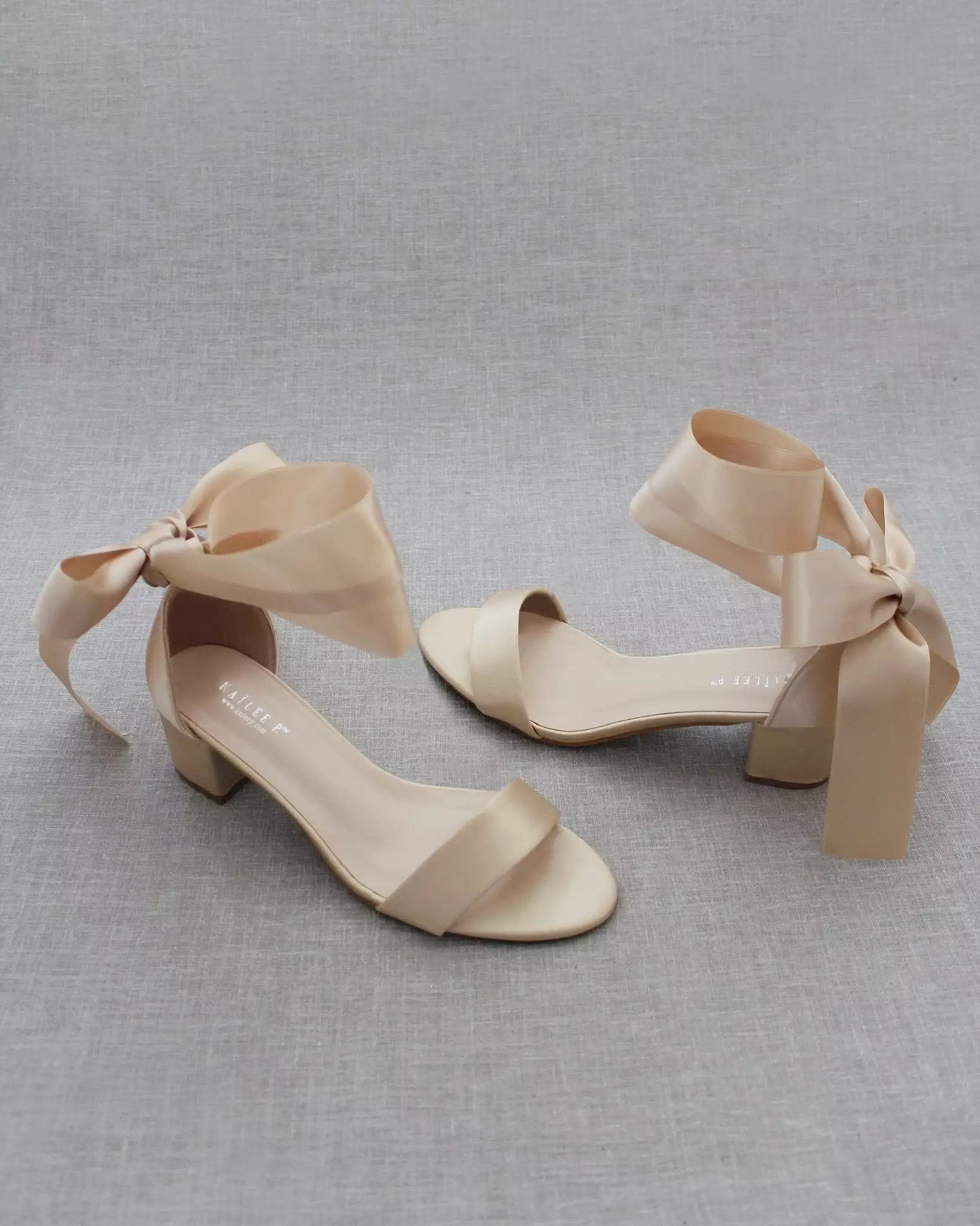 Champagne Satin Block Heel Sandal with Wrapped Satin Tie