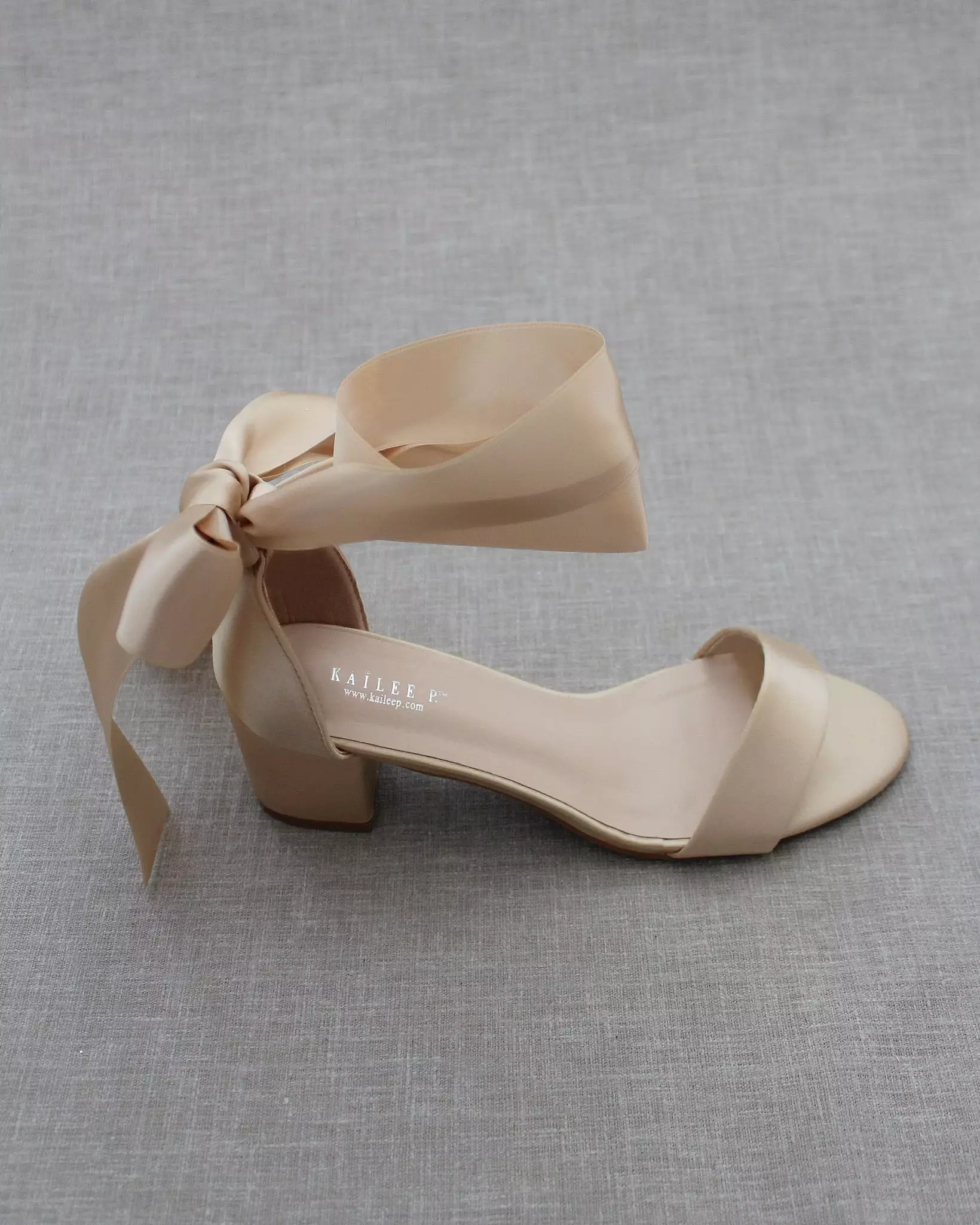 Champagne Satin Block Heel Sandal with Wrapped Satin Tie