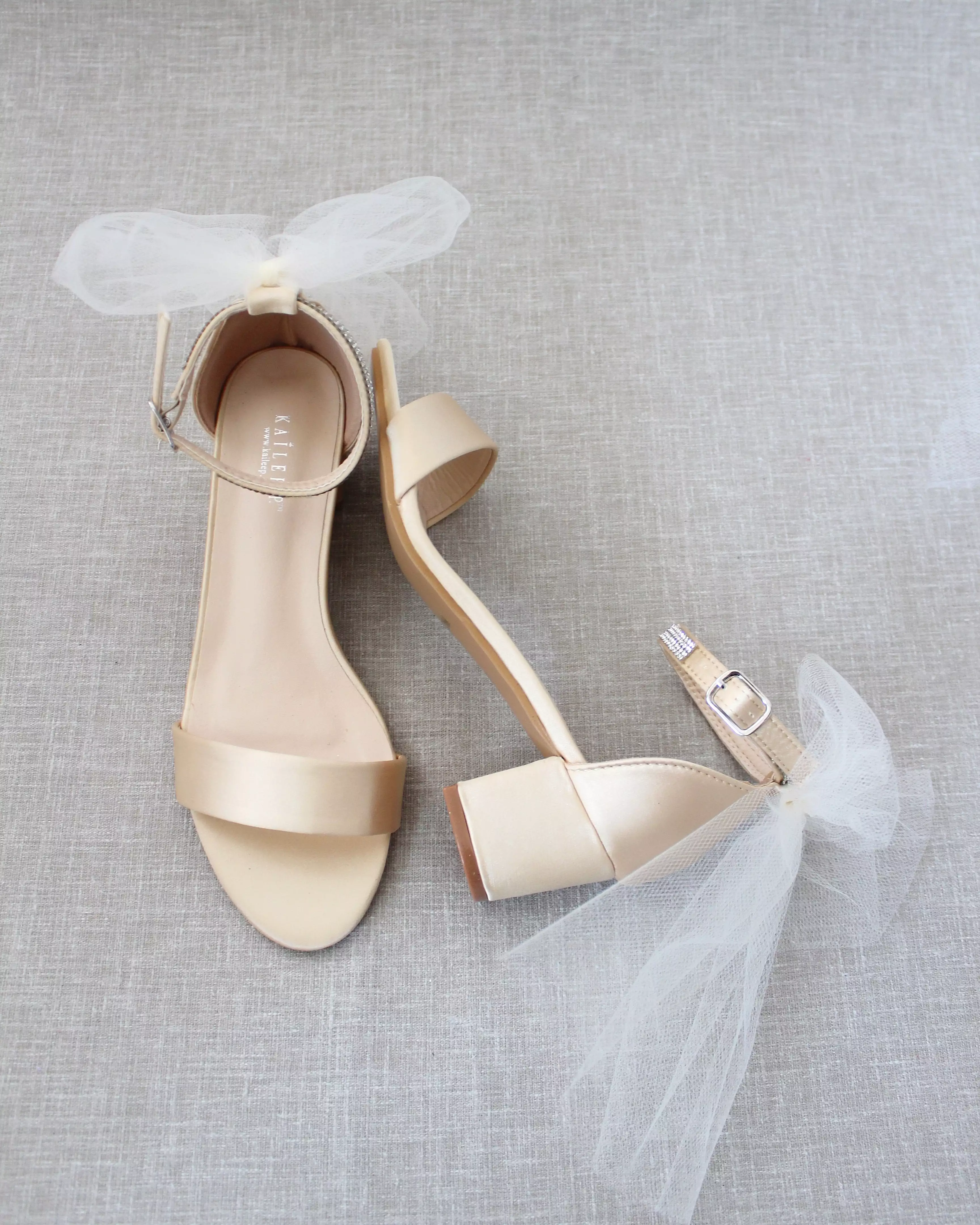 Champagne Satin Block Heel Sandals with Tulle Back Bow