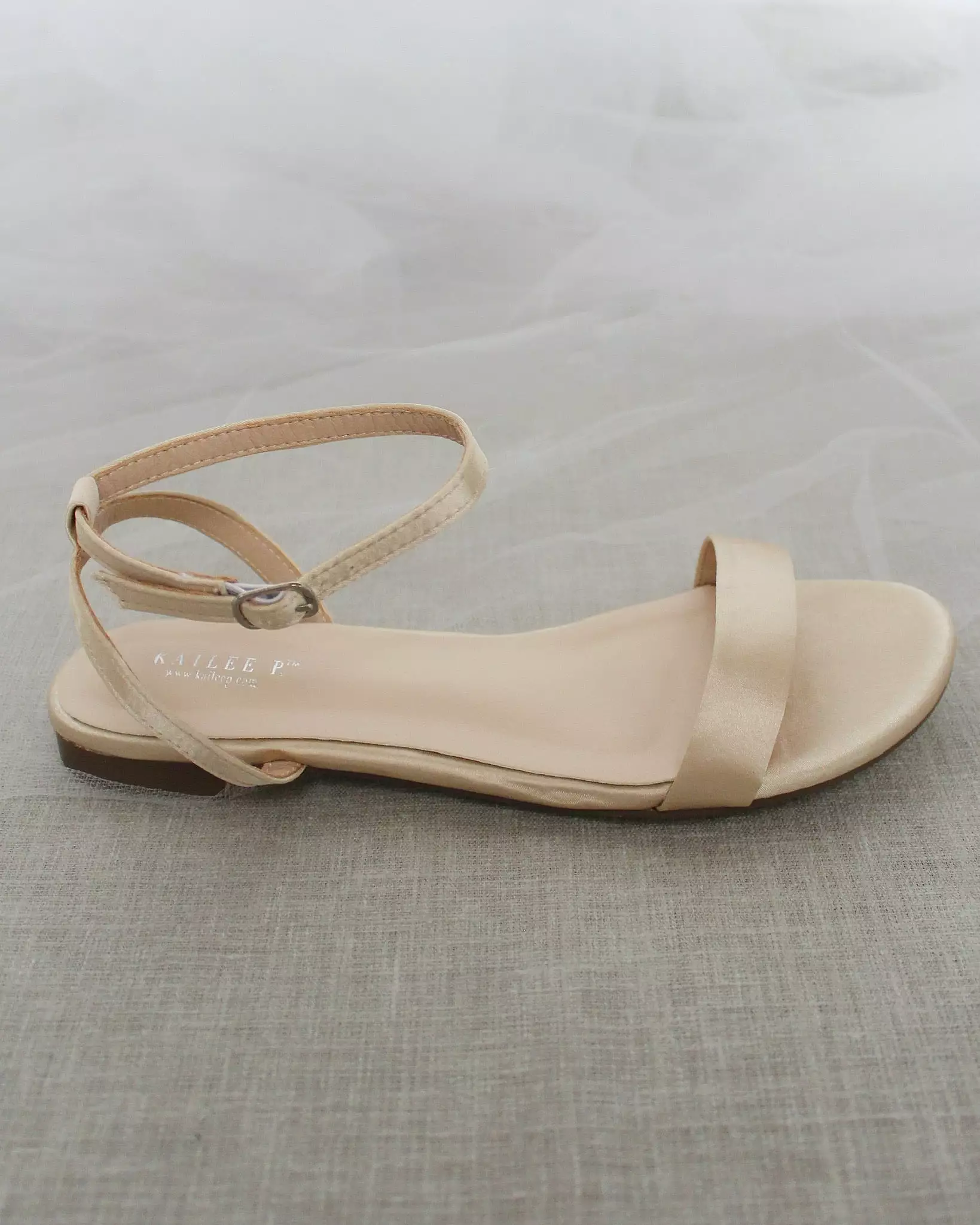 Champagne Satin Flat Sandal with Ankle Strap