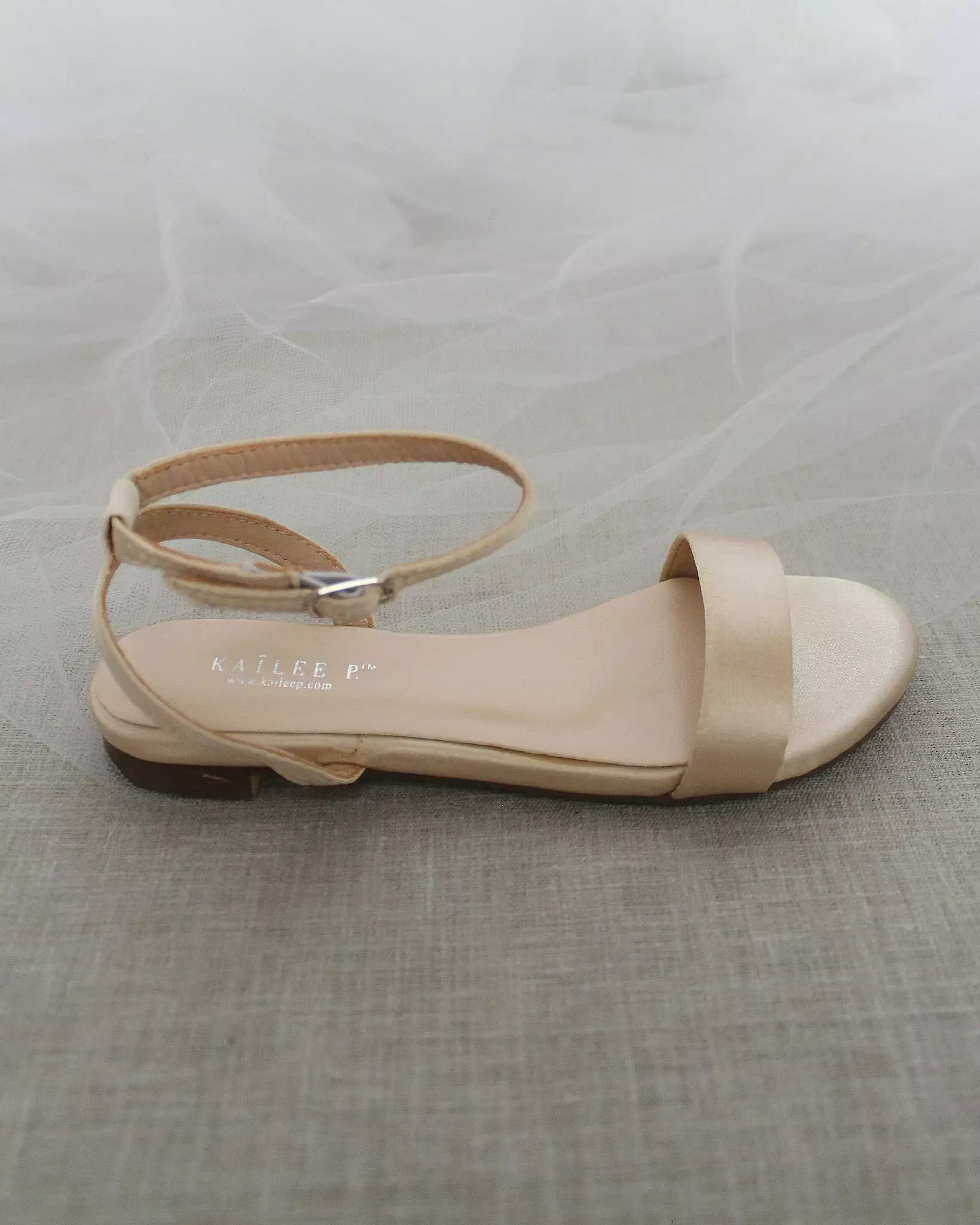 Champagne Satin Flat Sandal with Ankle Strap