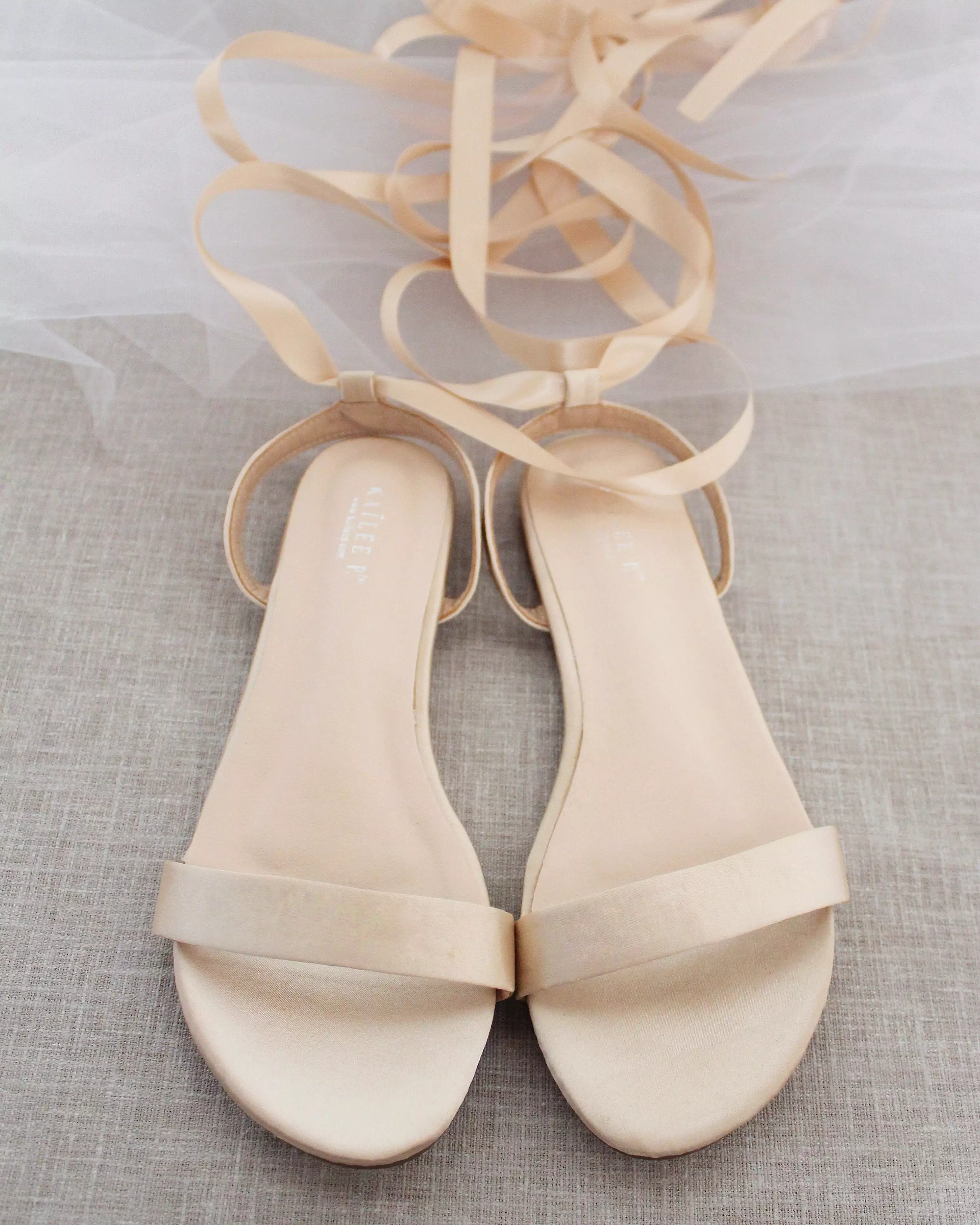 Champagne Satin Flat Sandal with Ballerina Lace Up