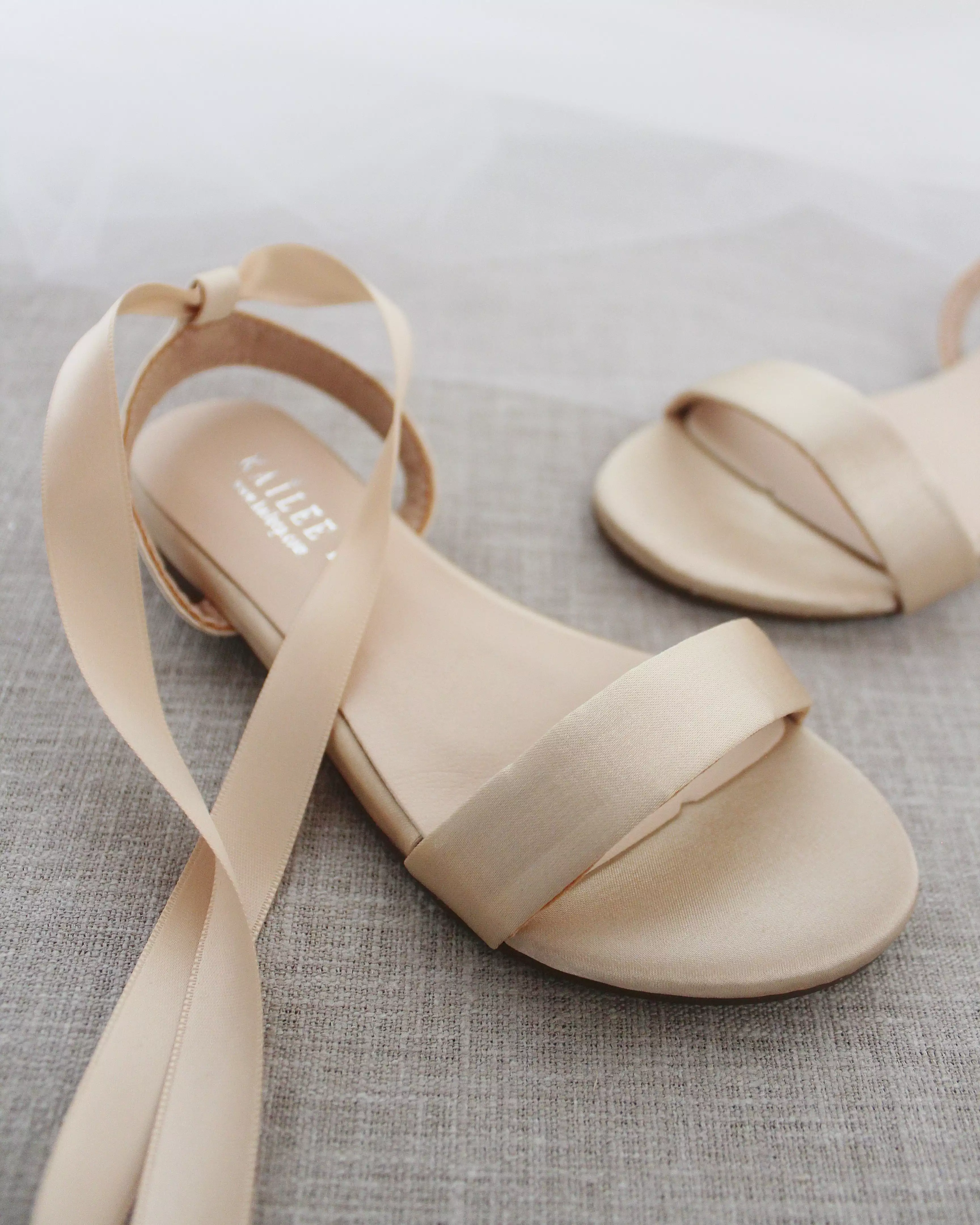 Champagne Satin Flat Sandal with Ballerina Lace Up