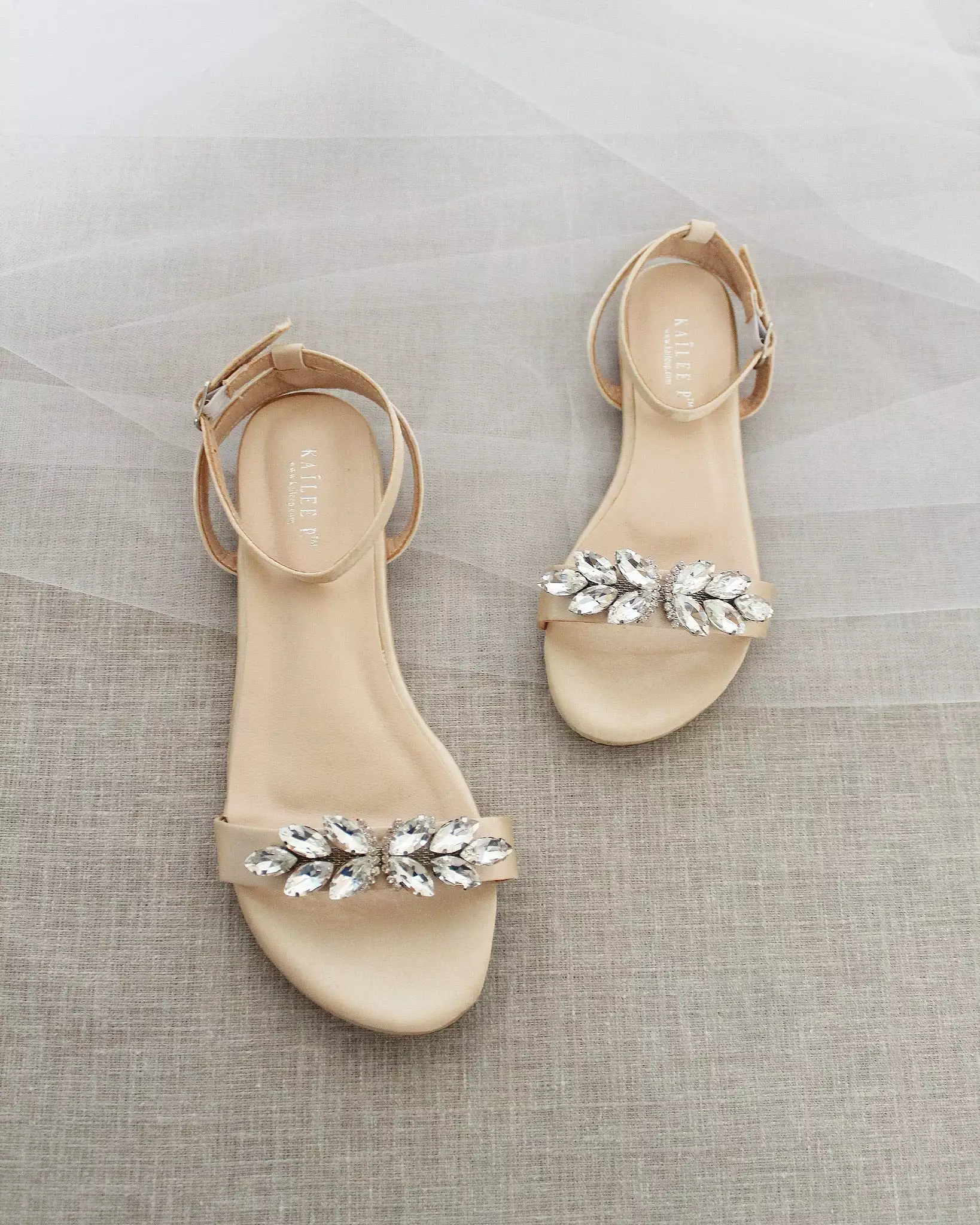 Champagne Satin Flat Sandal with Butterfly Brooch and Ankle Strap